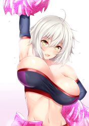Rule 34 | 1girl, :d, ahoge, arm up, armpits, bandeau, black bandeau, blush, breasts, cheerleader, cleavage, elbow gloves, fang, fate/grand order, fate (series), gloves, gradient background, hair between eyes, highres, jeanne d&#039;arc (fate), jeanne d&#039;arc alter (avenger) (fate), jeanne d&#039;arc alter (fate), large breasts, long hair, looking at viewer, midriff, navel, open mouth, pom pom (cheerleading), sankakusui, silver hair, simple background, smile, solo, stomach, sweat, teeth, white background, yellow eyes