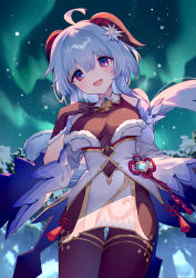 Rule 34 | ahoge, ainy, alternate costume, aurora, bare shoulders, bell, black gloves, black legwear, blue hair, blush, breasts, chinese knot, choker, covered navel, detached sleeves, flower knot, fur trim, ganyu (genshin impact), genshin impact, gloves, gluteal fold, gold trim, hair ornament, hand on own chest, highres, horns, long hair, looking at viewer, medium breasts, neck bell, outdoors, purple eyes, red rope, rope, sidelocks, smile, snow, solo, standing, tassel, thigh gap, thighlet, vision (genshin impact), white choker, white sleeves, wide sleeves