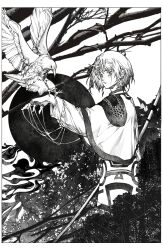 Rule 34 | 1boy, absurdres, animal, bird, border, branch, capelet, copyright name, cowboy shot, earrings, greyscale, highres, hunter x hunter, jewelry, kurapika, landing, llost, long sleeves, looking at viewer, looking to the side, male focus, monochrome, nature, outstretched arm, pole, ring, robe, short hair, signature, smoke, string, traditional media