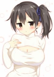 Rule 34 | 10s, 1girl, :o, alternate costume, bare shoulders, blue ribbon, blush, breasts, brown eyes, brown hair, cleavage, cleavage cutout, clothing cutout, hair ribbon, jitome, kaga (kancolle), kantai collection, large breasts, light particles, long hair, masuishi kinoto, meme attire, open-chest sweater, outline, ribbon, shima (shima je), side ponytail, solo, sweater, taut clothes, turtleneck, upper body