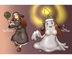 Rule 34 | !?, blue eyes, blush, breasts, brown hair, candle, fire, izumiyou, looking at viewer, nun, staff, transformation