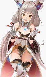 Rule 34 | 1girl, absurdres, animal ears, bare shoulders, blunt bangs, blush, breasts, cat ears, cleavage, coattails, fangs, gem, gloves, glowing, grey hair, highleg, highleg leotard, highres, leotard, long hair, looking at viewer, low twintails, medium breasts, nia (blade) (xenoblade), nia (xenoblade), nintendo, niyah, open mouth, ormille, simple background, smile, solo, spoilers, thighhighs, twintails, v, very long hair, white background, white gloves, white leotard, white thighhighs, xenoblade chronicles (series), xenoblade chronicles 2, yellow eyes