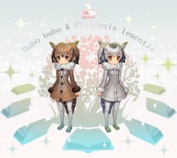Rule 34 | 10s, 2girls, book, brown eyes, brown hair, character name, coat, commentary request, curry, curry rice, eurasian eagle owl (kemono friends), food, fur collar, gradient hair, grey legwear, head wings, kemono friends, latin text, mary janes, multicolored hair, multiple girls, northern white-faced owl (kemono friends), orange eyes, pantyhose, plate, rice, shoes, short hair, silver hair, spoon, tail, tosato, translation request, wings, winter clothes, winter coat