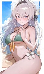 Rule 34 | 1girl, adapted costume, arm support, bare shoulders, bikini, black hairband, black ribbon, blue eyes, blue sky, blush, breasts, cleavage, collarbone, commentary, firefly (honkai: star rail), green bikini, hair between eyes, hair ornament, hair ribbon, hairband, hand up, highres, honkai: star rail, honkai (series), knees out of frame, large breasts, looking at viewer, navel, outdoors, pink eyes, ribbon, sand, sitting, sky, smile, solo, sooon, swimsuit, symbol-only commentary, two-tone eyes, white hair, yellow ribbon