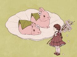 Rule 34 | 1girl, animal-themed food, branch, brown dress, brown footwear, brown hair, cherry blossoms, dress, flower, food, highres, holding, holding branch, leaf, long hair, looking at object, mini person, minigirl, mochi, nojikashi, original, pink flower, pink socks, plate, ponytail, rabbit, simple background, socks, solo, standing