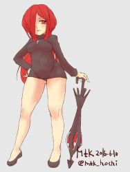 Rule 34 | 1girl, breasts, covered navel, cross, cross necklace, full body, grey background, hair over one eye, hand on own hip, highres, jewelry, krieg (skullgirls), large breasts, long hair, looking at viewer, mtk hoshi, necklace, parasoul (skullgirls), red eyes, red hair, skullgirls, solo, upskirt