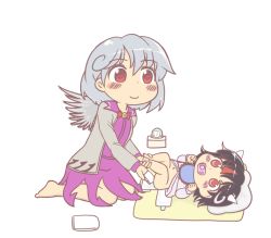 Rule 34 | 2girls, aged down, anonymous (japanese), baby, barefoot, black hair, blush, closed mouth, cone horns, dress, feathered wings, grey horns, grey jacket, gyate gyate, hair between eyes, horns, jacket, jaggy lines, kijin seija, kishin sagume, long sleeves, multicolored hair, multiple girls, open clothes, open jacket, purple dress, red eyes, red hair, short hair, single wing, smile, streaked hair, touhou, transparent background, white hair, white wings, wings