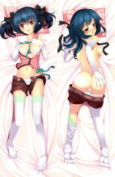 Rule 34 | 1girl, ass, ass grab, ayame (komone ushio), bad id, bad pixiv id, bed, bed sheet, belt, blue hair, blush, boots, bow, bra, bra pull, breasts, breasts out, brown eyes, cameltoe, clothes pull, dakimakura (medium), elbow gloves, feet, from behind, gloves, grabbing own ass, hair bow, hair down, hair ribbon, komone ushio, lingerie, long legs, looking at viewer, looking back, lying, midriff, multiple views, navel, nipples, no shoes, on back, open clothes, open mouth, open shirt, original, panties, panty pull, pillow, presenting, pussy, red eyes, ribbon, shirt, short twintails, shorts, shorts pull, sideboob, sleeveless, small breasts, sock pull, sweat, thighhighs, top-down bottom-up, topless, twintails, unbuttoned, uncensored, underwear, white thighhighs