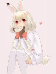 Rule 34 | 10s, 1girl, animal ears, aousa3, blush, bow, bowtie, rabbit ears, rabbit tail, fur trim, gloves, heart, highres, kemono friends, mountain hare (kemono friends), pink background, red eyes, simple background, sitting, solo, tail, thighhighs, white hair
