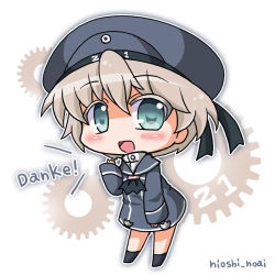Rule 34 | 10s, 1girl, artist name, bad id, bad pixiv id, beret, blue eyes, chibi, clothes writing, dress, female focus, german text, hat, kantai collection, long sleeves, noai nioshi, open mouth, personification, sailor collar, sailor dress, sailor hat, short hair, silver hair, solo, text focus, translated, z1 leberecht maass (kancolle)