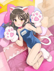 Rule 34 | 1girl, animal ears, animal hands, armpit crease, bell, blue one-piece swimsuit, blush, breasts, brown eyes, brown hair, cat ears, cat paws, cat tail, collar, commentary, competition school swimsuit, cushion, fake animal ears, fake tail, gloves, hairband, highres, idolmaster, idolmaster cinderella girls, long hair, looking at viewer, lying, mons pubis, name tag, neck bell, old school swimsuit, on bed, one-piece swimsuit, open mouth, paw gloves, paw shoes, petite, pillow, red collar, saeki tatsuya, school swimsuit, shoes, sidelocks, small breasts, solo, swimsuit, tachibana arisu, tail, translated, white gloves, white hairband