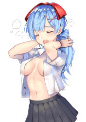 Rule 34 | 1girl, alternate hair length, alternate hairstyle, black skirt, blouse, blue hair, bow, breasts, breasts apart, cleavage, closed eyes, collared shirt, commentary request, hair bow, hair ornament, highres, long hair, medium breasts, navel, no bra, open clothes, open mouth, open shirt, pleated skirt, re:zero kara hajimeru isekai seikatsu, red bow, rem (re:zero), revision, see-through, shark, shirt, simple background, skirt, slumcat, solo, tying hair, white background, white shirt