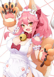 Rule 34 | 1girl, :d, animal ear fluff, animal ears, animal hands, apron, bell, between fingers, blush, blush stickers, breasts, cat hair ornament, cat paws, cleavage, collar, commentary, fang, fate/grand order, fate (series), fei er, fox ears, fox girl, fox tail, gloves, hair ornament, hair ribbon, highres, holding, holding knife, jingle bell, knife, knives between fingers, large breasts, long hair, naked apron, neck bell, open mouth, paw gloves, pink hair, ponytail, red ribbon, ribbon, sideboob, skin fang, smile, solo, tail, tamamo (fate), tamamo cat (fate), tamamo cat (third ascension) (fate), white apron, yellow eyes