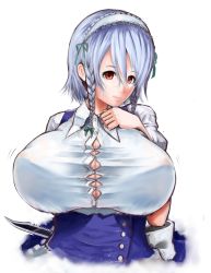 Rule 34 | 1girl, bad id, bad pixiv id, blouse, blue hair, blush, bouncing breasts, bow, braid, breasts, brown eyes, bursting breasts, cleavage, female focus, grey hair, hair bow, hair ribbon, highres, huge breasts, izayoi sakuya, kai ry, knife, looking at viewer, maid headdress, motion lines, red eyes, ribbon, seductive smile, shirt, short hair, short sleeves, simple background, smile, solo, touhou, upper body, vest, white background