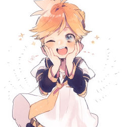 Rule 34 | +++, 1boy, ;d, blonde hair, blush, clothes lift, detached sleeves, hands on own cheeks, hands on own face, kagamine len, kouhara yuyu, male focus, necktie, one eye closed, open mouth, puffy short sleeves, puffy sleeves, shirt, shirt lift, short hair, short sleeves, simple background, smile, solo, sparkle, teeth, upper body, upper teeth only, vocaloid, white background, white shirt, yellow necktie