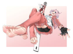 Rule 34 | 1girl, ahoge, aqua eyes, black gloves, border, bracelet, collar, eiji (eiji), elphelt valentine, feet, foot focus, foreshortening, from below, gloves, guilty gear, guilty gear strive, highres, holding, holding weapon, huge ahoge, jacket, jewelry, looking at viewer, microphone, nail polish, open mouth, pink background, pink hair, pink jacket, pink thighhighs, pleated skirt, short hair, simple background, skirt, solo, spiked bracelet, spiked collar, spikes, stirrup legwear, thighhighs, thighs, toeless legwear, toenail polish, toenails, weapon, white border