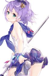 Rule 34 | 1girl, azur lane, bare arms, bare shoulders, blue skirt, cowboy shot, from behind, green eyes, hair ornament, high heels, highres, holding, javelin (azur lane), leg up, long hair, looking at viewer, looking back, miniskirt, parted lips, plaid, plaid skirt, ponytail, purple hair, shirt, shoes, simple background, skirt, sleeveless, sleeveless shirt, solo, t-bth, white background, white shirt