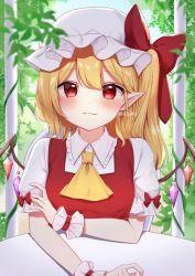 Rule 34 | 1girl, ascot, bad id, bad twitter id, blonde hair, blue sky, blush, bow, breasts, buttons, closed mouth, collared shirt, crystal, dress, flandre scarlet, garden, hair between eyes, hand up, hat, hat bow, heart, heart-shaped pupils, highres, jewelry, leaf, looking at viewer, mob cap, multicolored wings, one side up, outdoors, photoshop (medium), plant, pointy ears, puffy short sleeves, puffy sleeves, red bow, red dress, red eyes, shinonome asu, shirt, short hair, short sleeves, sitting, sky, small breasts, smile, solo, symbol-shaped pupils, table, touhou, twitter username, white hat, white shirt, wings, wrist cuffs, yellow ascot