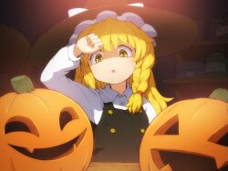 Rule 34 | 1girl, black hat, black vest, blonde hair, braid, collared shirt, commentary, hat, jack-o&#039;-lantern, kirisame marisa, long hair, long sleeves, open mouth, shirosato, shirt, single braid, solo, symbol-only commentary, touhou, vest, white shirt, witch hat, yellow eyes