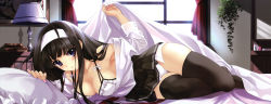 Rule 34 | 1girl, absurdres, armpits, bare shoulders, bed, bed sheet, black hair, black skirt, black thighhighs, blush, bra, breasts, cleavage, collarbone, face, female focus, fingernails, hairband, highres, indoors, lamp, legs together, lingerie, long hair, long image, long sleeves, looking at viewer, lying, medium breasts, misaki kurehito, nail polish, on bed, on side, open clothes, open shirt, original, panties, pantyshot, parted lips, pillow, pink nails, pleated skirt, purple eyes, shirt, skindentation, skirt, sleeve cuffs, solo, thigh gap, thighhighs, thighs, underwear, upskirt, white bra, white panties, wide image, window