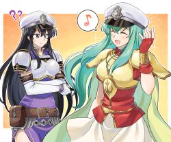 Rule 34 | 2girls, :d, ?, ??, absurdres, aqua hair, armor, ayra (fire emblem), betabetamaru, black hair, breastplate, cape, closed eyes, commentary, commission, crossed arms, dress, earrings, eighth note, eirika (fire emblem), elbow gloves, fingerless gloves, fire emblem, fire emblem: genealogy of the holy war, fire emblem: the sacred stones, fire emblem heroes, gloves, hat, highres, jewelry, long hair, multiple girls, musical note, nintendo, open mouth, pelvic curtain, purple dress, purple eyes, red gloves, red shirt, shirt, short sleeves, skeb commission, skirt, smile, sweatdrop, upper body, white gloves, white headwear, white skirt