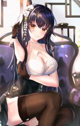 Rule 34 | 1girl, azuma (azur lane), azuma (soft voice of spring) (azur lane), azur lane, bare shoulders, black gloves, black hair, black thighhighs, blush, breasts, china dress, chinese clothes, dress, flower, gloves, hair between eyes, hair flower, hair ornament, highres, large breasts, long hair, looking at viewer, panipo, solo, thighhighs, very long hair, white flower