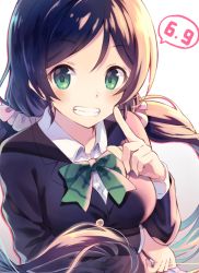 Rule 34 | 10s, 1girl, :d, black hair, black jacket, blazer, blush, bow, bowtie, breast hold, breasts, buttons, collared shirt, dated, eyebrows, green bow, green bowtie, green eyes, grin, hair ornament, hair scrunchie, hand gesture, highres, jacket, large breasts, long hair, long sleeves, looking at viewer, love live!, love live! school idol project, low twintails, nonono (nononotea), nononon, open mouth, scrunchie, shirt, simple background, smile, solo, striped bow, striped bowtie, striped clothes, striped neckwear, tareme, teeth, tojo nozomi, twintails, upper body, v, white background, wing collar