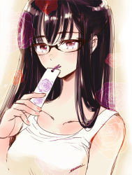 Rule 34 | 1girl, black hair, blush, bookmark, breasts, covering own mouth, floral background, gradient background, hair between eyes, himawari-san, himawari-san (character), holding, long hair, looking at viewer, nail polish, pink nails, purple eyes, shirt, signature, solo, sugano manami, upper body, white shirt