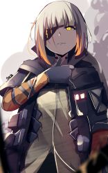Rule 34 | 1girl, absurdres, black gloves, black jacket, blurry, blurry foreground, brown shirt, closed mouth, commentary, depth of field, dress shirt, eyepatch, gar32, girls&#039; frontline, gloves, glowing, glowing eye, grey hair, hand up, highres, jacket, layered sleeves, long sleeves, looking at viewer, m16a1 (boss) (girls&#039; frontline), m16a1 (girls&#039; frontline), multicolored hair, open clothes, open jacket, orange hair, scar, scar across eye, scar on face, shirt, short over long sleeves, short sleeves, signature, solo, two-tone hair, white hair, yellow eyes