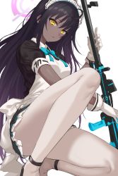 Rule 34 | 1girl, anti-materiel rifle, apron, black dress, black hair, blue archive, blue bow, blue bowtie, bow, bowtie, closed mouth, dark-skinned female, dark skin, deca purio, dress, gloves, gun, halo, highres, karin (blue archive), long hair, looking at viewer, maid, maid apron, maid headdress, on one knee, pantyhose, rifle, short sleeves, simple background, sniper rifle, solo, very long hair, weapon, white apron, white background, white gloves, white pantyhose, yellow eyes