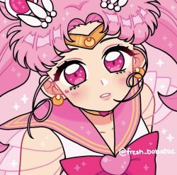 Rule 34 | 1girl, bishoujo senshi sailor moon, blush, bow, chibi usa, crescent, crescent earrings, earrings, emily kim, from above, hair ornament, highres, jewelry, open mouth, pink bow, pink eyes, pink hair, pink sailor collar, pink theme, sailor chibi moon, sailor collar, sailor senshi uniform, simple background, sparkle, sparkling eyes, super sailor chibi moon, tiara, twitter username
