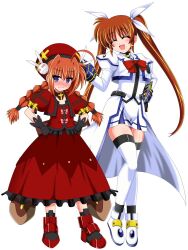 Rule 34 | 2girls, ahoge, beret, black gloves, blue eyes, braid, brown hair, commentary request, commission, dress, full body, gloves, hair ribbon, hands on own hips, hat, long hair, lyrical nanoha, magical girl, mahou shoujo lyrical nanoha strikers, multiple girls, orange hair, overskirt, red dress, red headwear, ribbon, simple background, skeb commission, takamachi nanoha, thighhighs, twin braids, twintails, vita (nanoha), white background, white dress, white ribbon, white thighhighs, yaeba