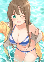 Rule 34 | 1girl, aqua eyes, armpits, bare legs, bikini, breasts, cleavage, collarbone, from above, highres, jacket, large breasts, light brown hair, long hair, looking at viewer, maigoyaki, mole, mole on breast, navel, one eye closed, open clothes, open jacket, original, sidelocks, single bare shoulder, solo, standing, stomach, striped bikini, striped clothes, swimsuit, thigh gap, thighs, wading, water, wet, wet hair, yellow jacket