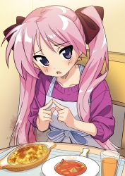Rule 34 | 1girl, alternate costume, alternate hair color, apron, black ribbon, blush, chair, cup, food, hair ribbon, highres, hiiragi kagami, hotaru iori, ichimi renge, index fingers together, long hair, looking at viewer, lucky star, parted lips, pink hair, pink sweater, placemat, plate, purple eyes, ribbon, smoke, solo, sweater, table, twintails, very long hair