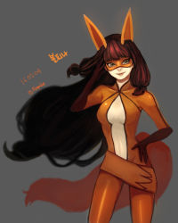 Rule 34 | 1girl, adjusting hair, animal ears, belt, bodysuit, brown hair, domino mask, fox ears, fox tail, green eyes, grey background, hand on own hip, kimpa, lila rossi, long hair, looking at viewer, mask, miraculous ladybug, simple background, smile, solo, tail, volpina
