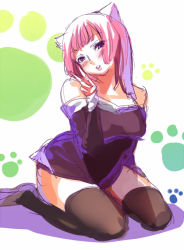 Rule 34 | 1girl, animal ears, bare shoulders, black dress, black thighhighs, blush, breasts, cat ears, dress, head tilt, long sleeves, looking at viewer, mole, mole on nose, original, over-kneehighs, parted lips, paw print, pink eyes, pink hair, sitting, smile, smoke (flyx21), solo, strapless, strapless dress, thighhighs, v, wariza, zettai ryouiki