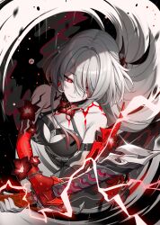 Rule 34 | 1girl, acheron (honkai: star rail), armor, armpit crease, bare shoulders, belt, black belt, black choker, black shirt, black shorts, blood, bloody tears, body markings, breasts, bright pupils, chain, chain around arm, choker, cleavage, closed mouth, collarbone, colored extremities, commentary, commentary request, criss-cross halter, drawing sword, electricity, flower, from above, hair between eyes, hair intakes, hair ornament, halterneck, highres, holding, holding sword, holding weapon, honkai: star rail, honkai (series), kiou, large breasts, looking to the side, official alternate color, partial commentary, partially shaded face, red eyes, red flower, red hands, scabbard, sheath, shirt, shorts, shoulder armor, sidelocks, single wide sleeve, solo, sword, unsheathing, water drop, weapon, white hair, white pupils