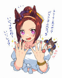 Rule 34 | 2girls, absurdres, alternate costume, animal ears, appleq, blush, brown hair, chain, cropped jacket, gold chain, grey background, hands up, highres, horse ears, long hair, looking at viewer, multiple girls, nail polish, notice lines, open mouth, pink eyes, purple eyes, red nails, sakura bakushin o (umamusume), shirt, simple background, smile, solo focus, sparkle, spread fingers, symbol-shaped pupils, tied shirt, tosen jordan (umamusume), translation request, twintails, umamusume, white shirt