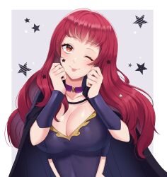 Rule 34 | 1girl, ;p, black cape, blush, bodysuit, border, breasts, cape, choker, cleavage, clothing cutout, covered navel, facial mark, fire emblem, fire emblem engage, hair ornament, highres, large breasts, lilshironeko, long hair, looking at viewer, nintendo, one eye closed, red eyes, red hair, side cutout, simple background, smile, solo, star (symbol), star facial mark, star hair ornament, tongue, tongue out, upper body, white border, yunaka (fire emblem)
