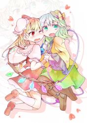 Rule 34 | 2girls, blonde hair, blush, boots, bow, eyebrows, fang, female focus, flandre scarlet, frills, gathers, green eyes, green hair, hair ornament, hairclip, hat, heart, highres, holding hands, kneehighs, komeiji koishi, long hair, mary janes, multiple girls, one eye closed, open mouth, pantyhose, ponytail, red eyes, sacha, shoes, side ponytail, skirt, socks, symbol-shaped pupils, touhou, wavy mouth, white socks, wings, wink, zoom layer