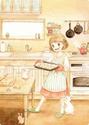 Rule 34 | 1girl, apron, baking sheet, blush, brown eyes, brown hair, rabbit, cookie, dress, english text, food, happy, kettle, kitchen, mittens, open mouth, original, oven, oven mitts, painting (medium), short hair, slippers, socks, solo, stove, table, tokoyu, traditional media, tray, watercolor (medium), window