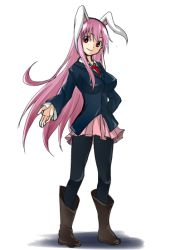 Rule 34 | 1girl, animal ears, bad id, bad pixiv id, blazer, blouse, boots, breasts, full body, grin, hand on own hip, jacket, large breasts, leggings, light purple hair, long hair, looking at viewer, necktie, outstretched arm, pantyhose, parted lips, rabbit ears, red eyes, red necktie, reisen udongein inaba, shadow, shinmon akika, shirt, simple background, skirt, smile, solo, standing, touhou, very long hair, white background