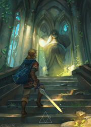 Rule 34 | 1boy, artist name, astri lohne sjursen, blonde hair, blue cape, cape, commentary, english commentary, fingerless gloves, from behind, full body, gloves, highres, holding, holding sword, holding weapon, hood, hooded cape, hylian set (zelda), leaf, link, male focus, nintendo, plant, pointy ears, solo, stairs, statue, sunlight, sword, the legend of zelda, the legend of zelda: breath of the wild, vines, weapon, window