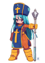 Rule 34 | 1girl, aqua hair, blue hat, blue tabard, bodysuit, boots, commentary request, dragon quest, dragon quest iii, full body, hat, highres, holding, holding staff, long hair, looking at viewer, mitre, orange bodysuit, priest (dq3), red eyes, simple background, solo, staff, standing, tabard, white background, yellow footwear, zankuro