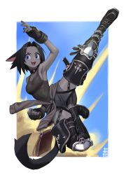 Rule 34 | 1girl, absurdres, animal ears, armpits, warrior of light (ff14), bag, black hair, blue eyes, boots, character request, choker, clothes around waist, colored skin, final fantasy, final fantasy xiv, fingerless gloves, flying kick, gloves, grey skin, highres, kicking, knee pads, looking at viewer, original, shirt, shirt around waist, short hair, shorts, signature, solo, tail, tank top, thigh boots, thighhighs, tostantan