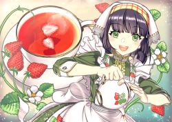 Rule 34 | 1girl, absurdres, apron, black hair, cup, flower, food, fruit, green eyes, hayosena, highres, holding, holding teapot, kyoumachi seika, long sleeves, looking at viewer, maid, medium hair, open mouth, smile, solo, standing, strawberry, tea, teacup, teapot, teeth, upper teeth only, voiceroid