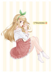 Rule 34 | 1girl, absurdres, ankle socks, blonde hair, blush, braid, brown eyes, english text, food, free palet, frills, fruit, hair ornament, hair ribbon, hairband, hairclip, highres, holding, holding food, holding fruit, long hair, long sleeves, looking at viewer, no shoes, off-shoulder shirt, off shoulder, original, parted lips, petticoat, plaid, plaid skirt, pleated skirt, ribbon, ribbon trim, shirt, skirt, sleeves past elbows, socks, solo, strawberry, striped, striped background, swept bangs, underbust, wrist cuffs
