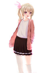 Rule 34 | 1girl, absurdres, blonde hair, blouse, blush, copyright request, furuka graffiti, hair ornament, highres, long sleeves, looking at viewer, open mouth, pink eyes, pleated skirt, rabbit hair ornament, shirt, side ponytail, simple background, single leg pantyhose, skirt, smile, solo, tagme, thighhighs, virtual youtuber, white background, white shirt