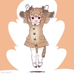 Rule 34 | 1girl, arms up, bird girl, bird tail, bird wings, brown background, brown hair, coat, coroha, eurasian eagle owl (kemono friends), feathered wings, full body, gloves, head wings, jumping, kemono friends, looking at viewer, shoes, short hair, simple background, solo, tail, thighhighs, wings