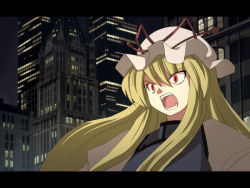 Rule 34 | 1girl, angry, blonde hair, city, contemporary, fangs, female focus, hat, letterboxed, long hair, open mouth, outdoors, red eyes, ribbon, seo tatsuya, sky, solo, touhou, upper body, yakumo yukari